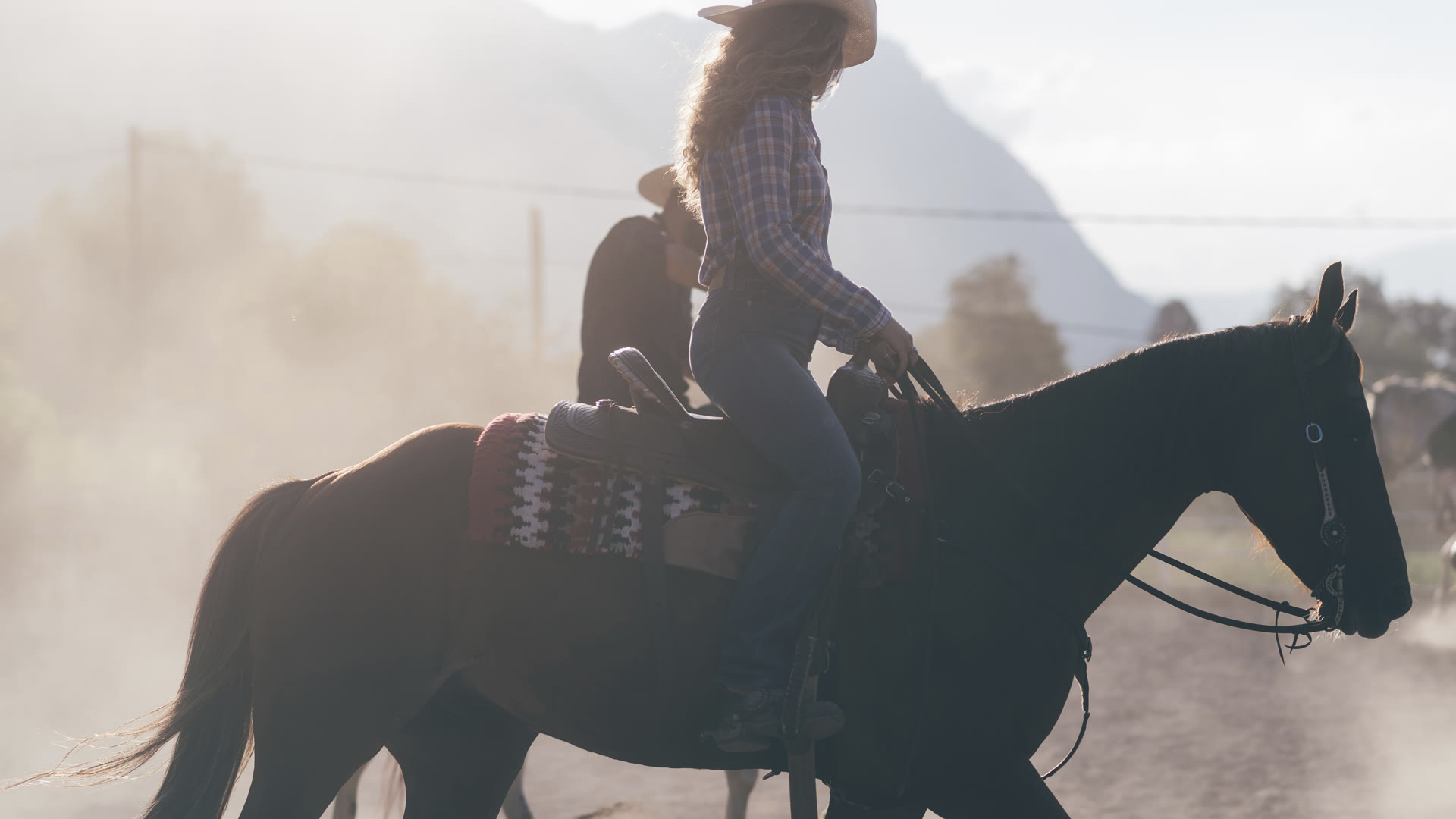 Woman riding horse in dusty arena